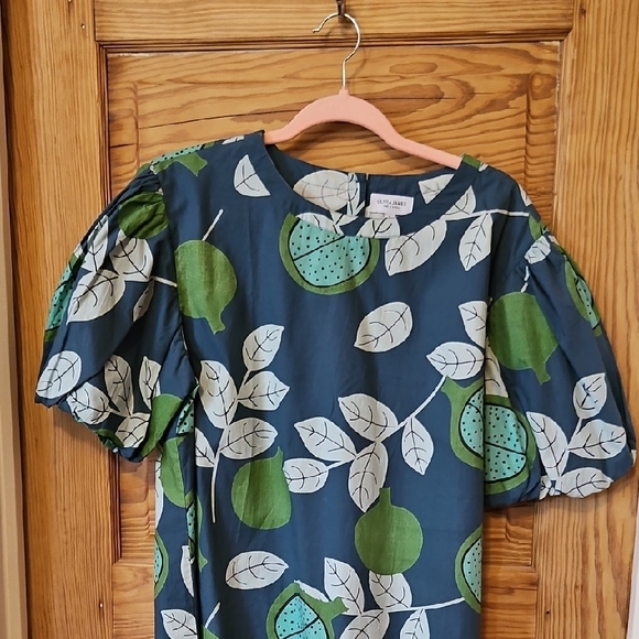 Olivia James Tops - Unknown Brand Navy Blouse with Green Fruit Print and Puff Sleeves
